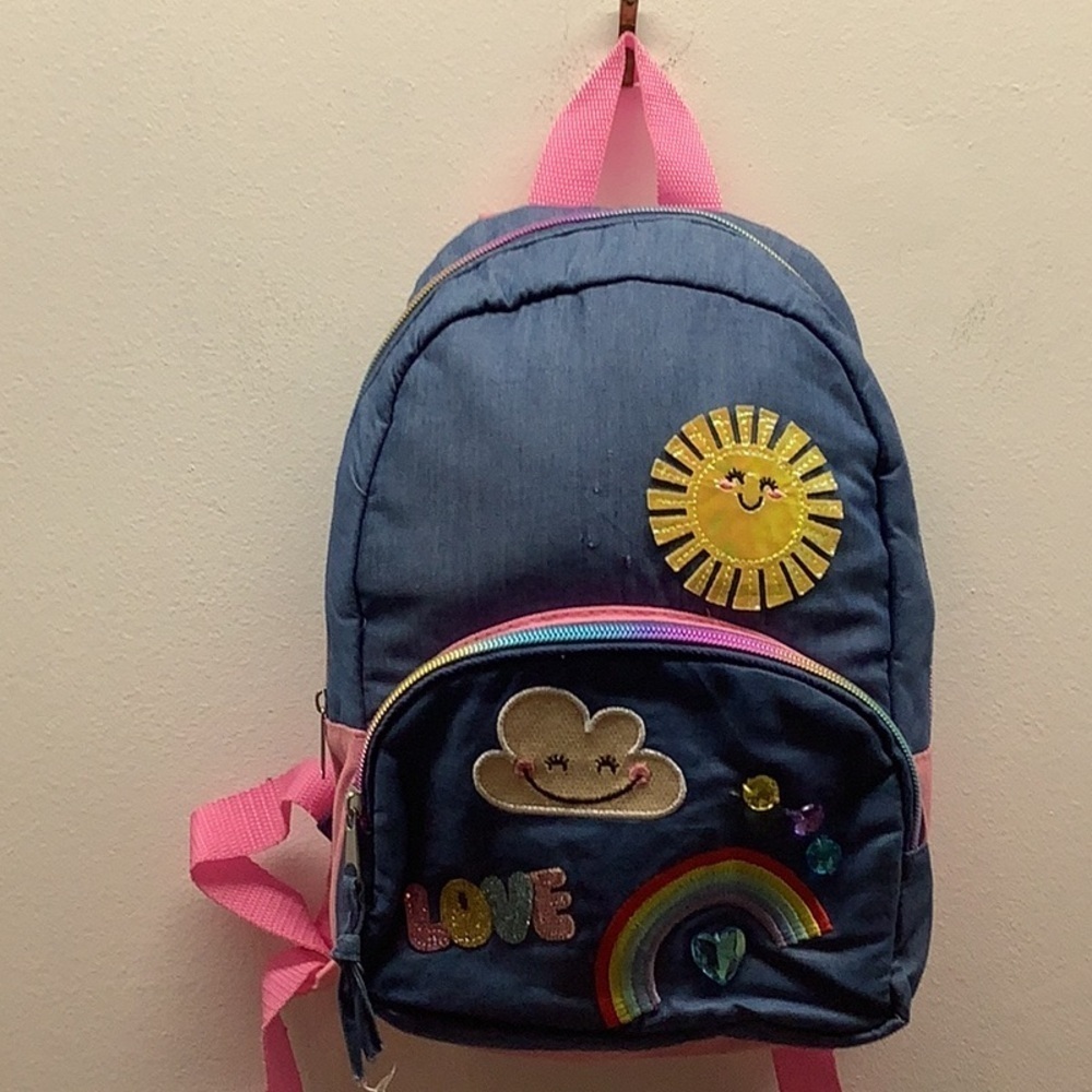 Claire’s Light Denim Colorful Backpack W/ Fun Patches & Colored Zipper. Preloved